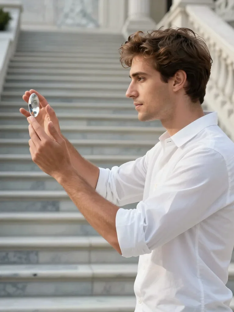 a handsome man in a rolled-sleeve white shirt in a gentle reach toward the lens, on a marble staircase at dawn, Renaissa