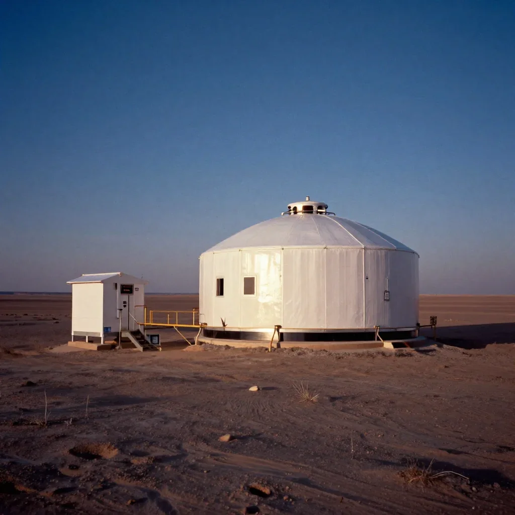 a desert research station during golden hour, soft-grain analog film photography, restrained color harmony, indigo and p