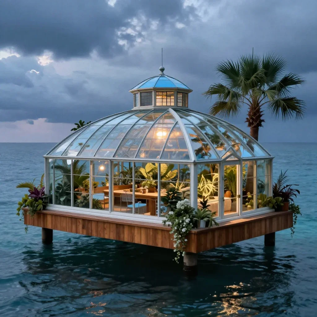 a floating botanical conservatory in a gentle sea breeze, refined editorial travel photography, atmospheric depth, ice b