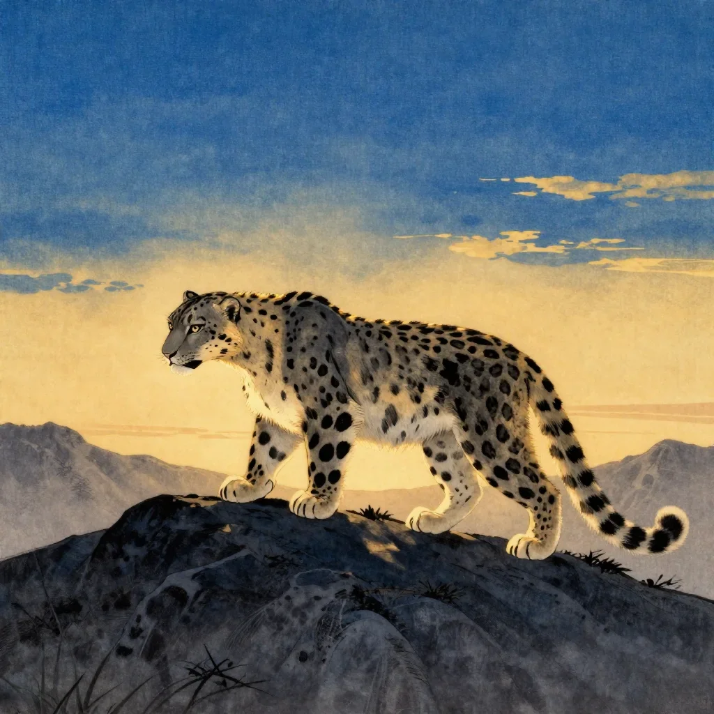 a snow leopard crossing a ridge during golden hour, Japanese woodblock-inspired editorial art, subtle film grain, cobalt