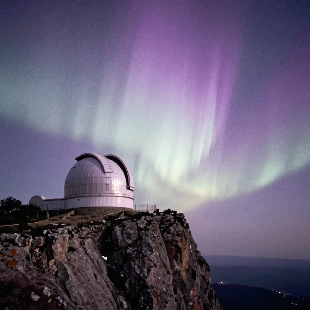 a cliffside observatory beneath an aurora, soft-grain analog film photography, atmospheric depth, lavender and silver pa
