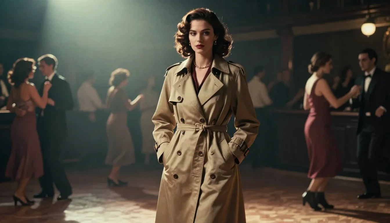 a noir detective's femme fatal muse in a trench coat standing tall with hands in pockets, on a midnight dance floor, sof