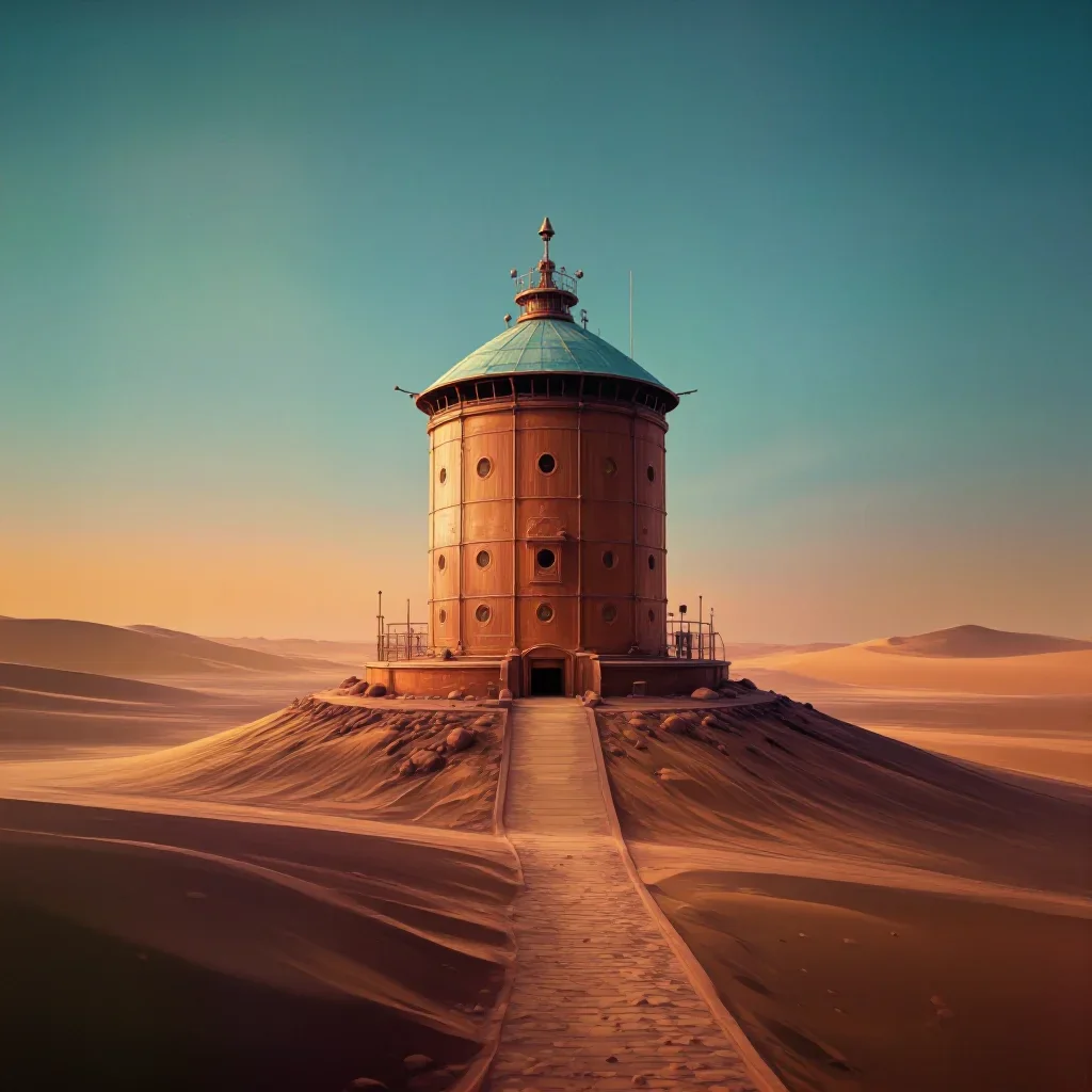 a desert research station in quiet late-afternoon haze, dreamlike fine-art landscape photography, careful geometric comp