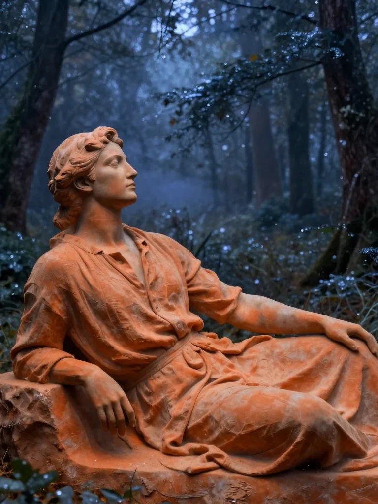 a sculptor at rest in a linen shirt, dust-hazed mid-turn with fabric catching the light, in a dewy forest clearing, myth