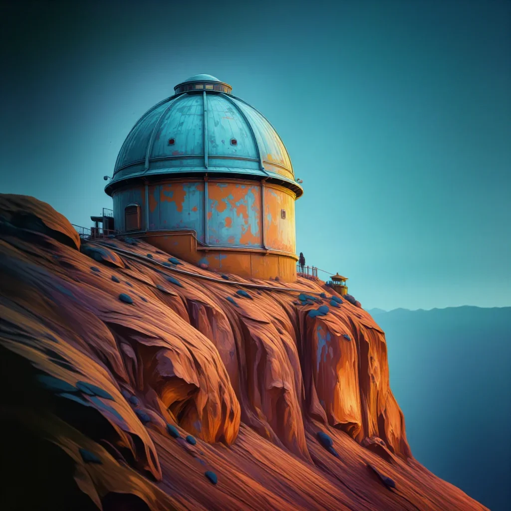a cliffside observatory at blue hour, dreamlike fine-art landscape photography, weathered tactile surfaces, terracotta a