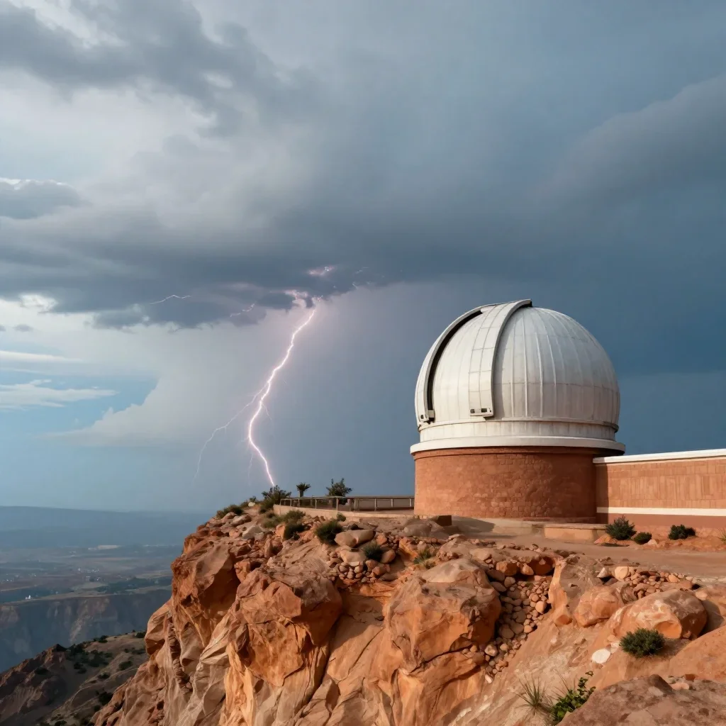 a cliffside observatory after a distant thunderstorm, refined editorial travel photography, atmospheric depth, terracott