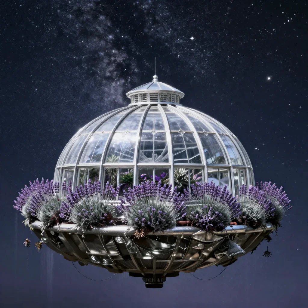a floating botanical conservatory beneath a star-filled sky, refined editorial travel photography, atmospheric depth, la