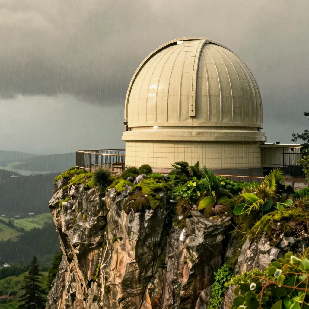 a cliffside observatory after warm summer rain, museum-quality still-life photography, atmospheric depth, moss green and