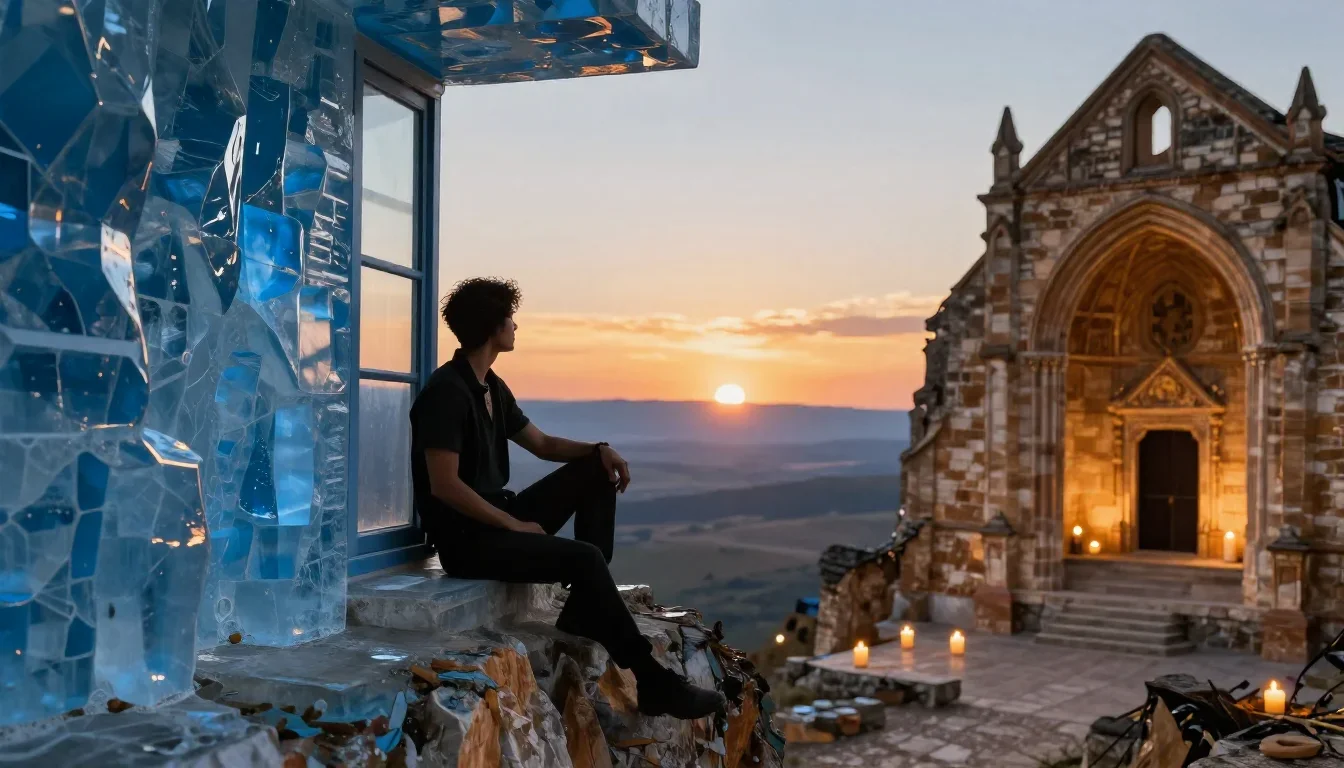 a travel influencer posing on a cliffside at golden hour in a seated silhouette against a window, in a candle-lit cathed