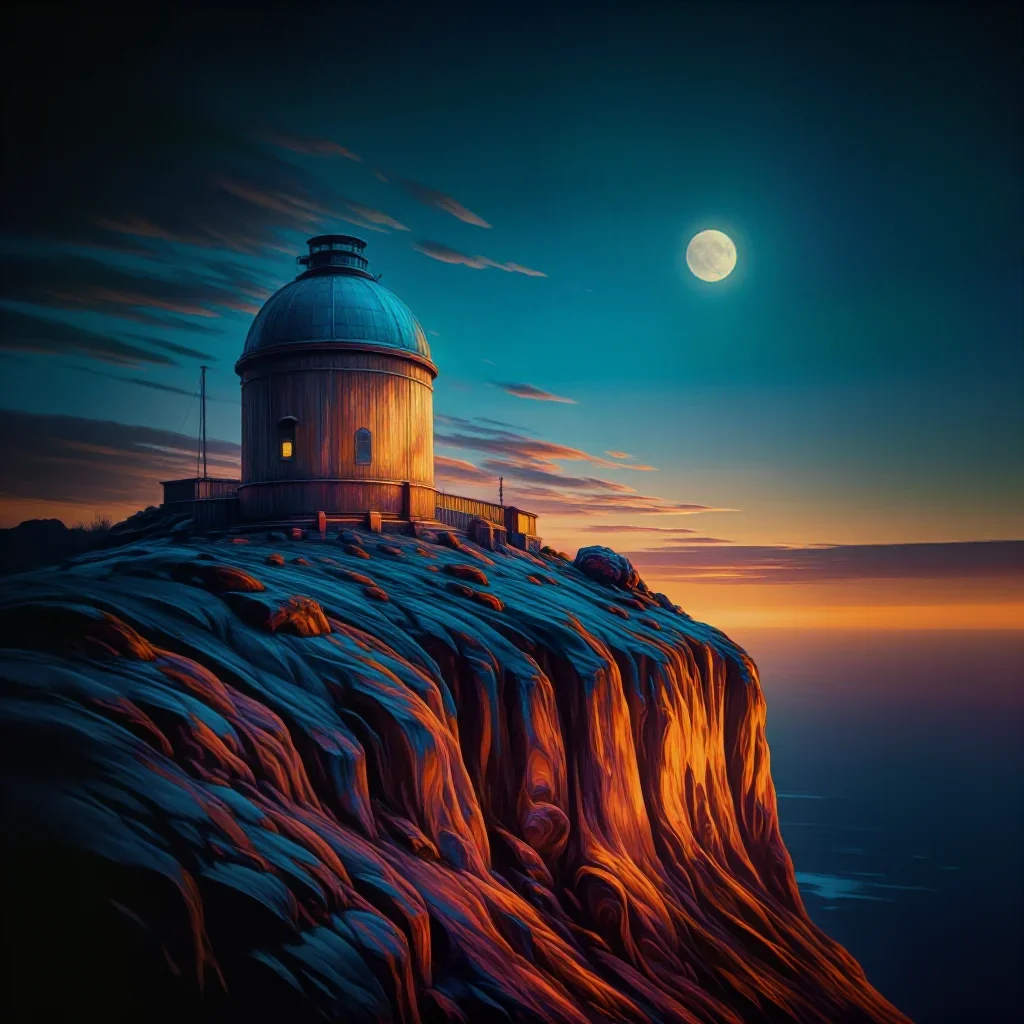 a cliffside observatory at moonrise, dreamlike fine-art landscape photography, restrained color harmony, cobalt and ambe