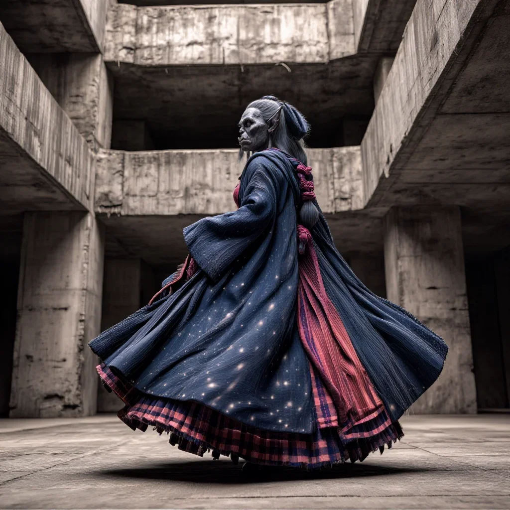 a sorceress in a star-lit midnight cloak mid-turn with fabric catching the light, in a brutalist concrete atrium, Vogue-