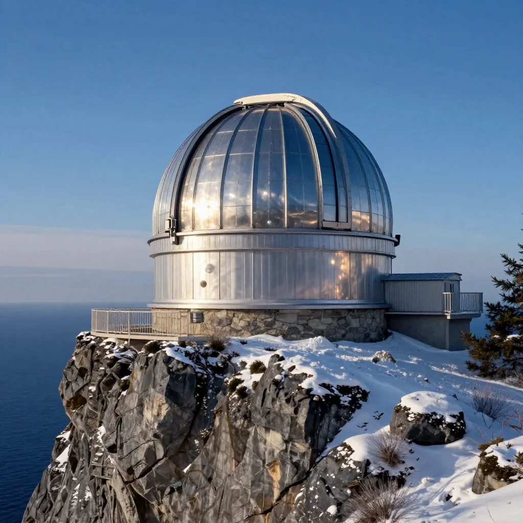 a cliffside observatory in crisp winter sunlight, museum-quality still-life photography, gentle reflected light, indigo