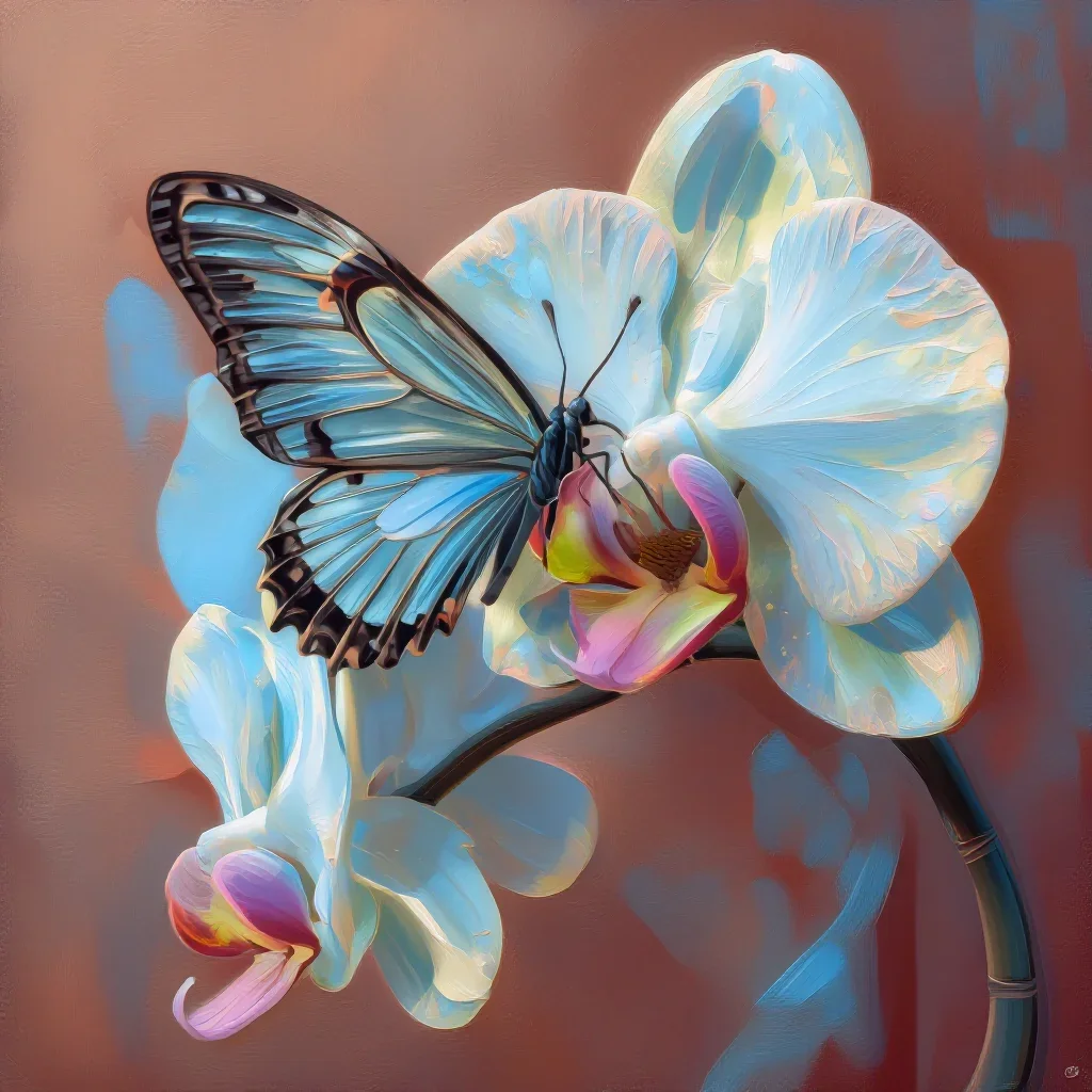 a glasswing butterfly on an orchid in crisp winter sunlight, luminous gouache painting, atmospheric depth, terracotta an