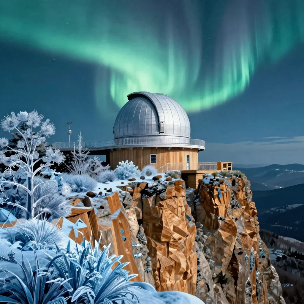 a cliffside observatory beneath an aurora, contemporary botanical illustration, crisp material detail, ice blue and warm