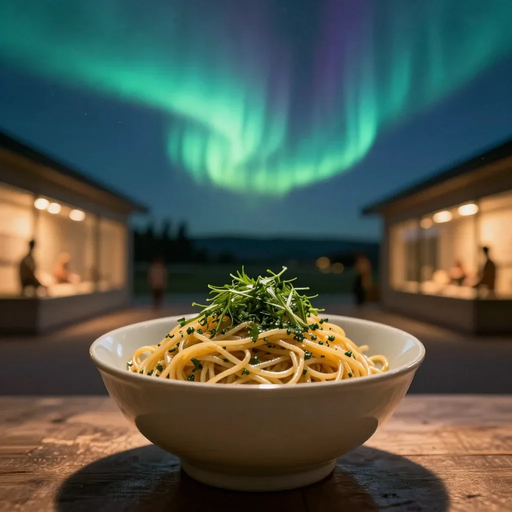 a bowl of handmade herb noodles beneath an aurora, museum-quality still-life photography, shallow depth of field, cobalt