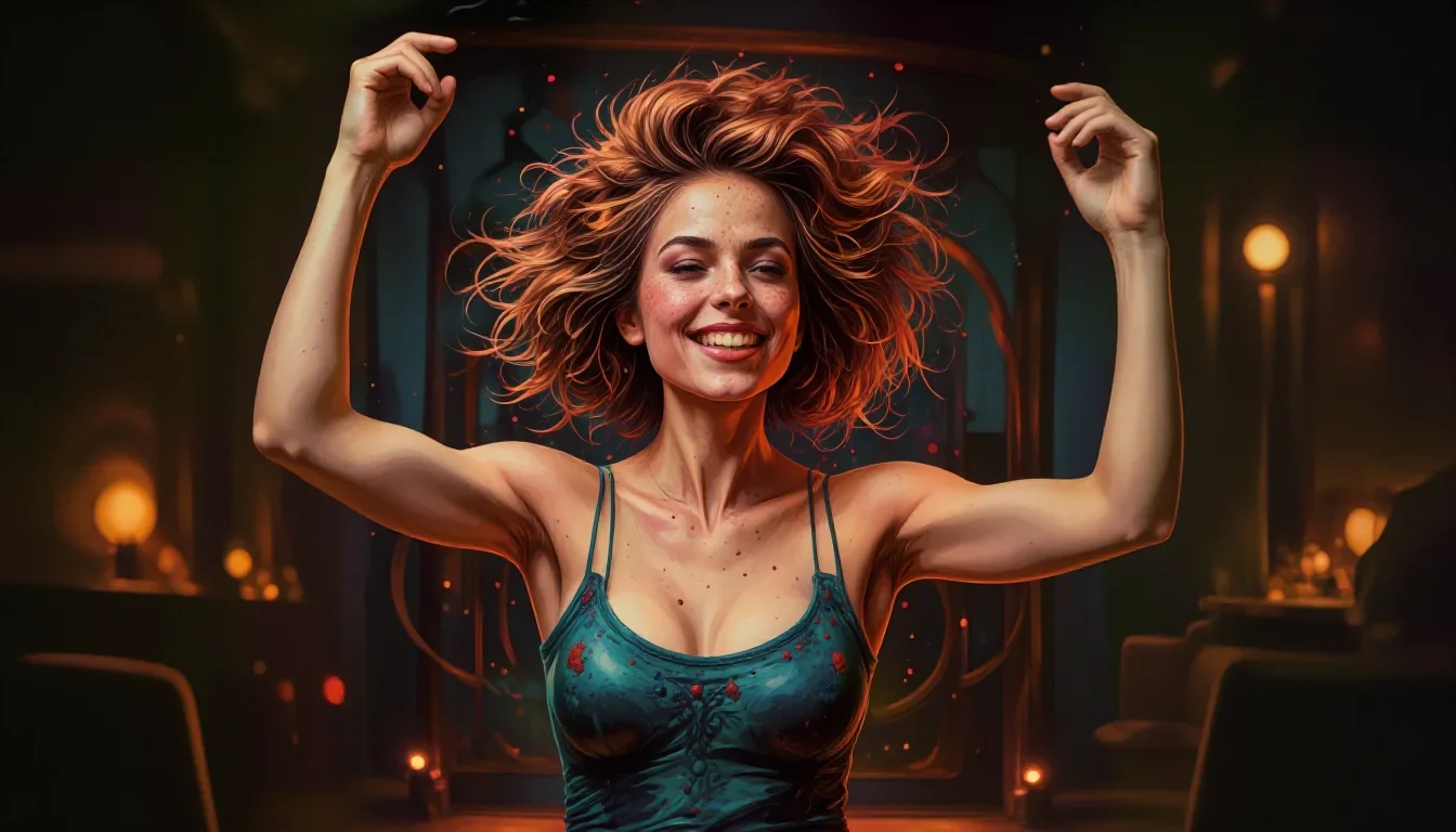 a muse with freckles and wind-tousled copper hair in a bold, open-armed welcome, on a midnight dance floor, neo-noir cin