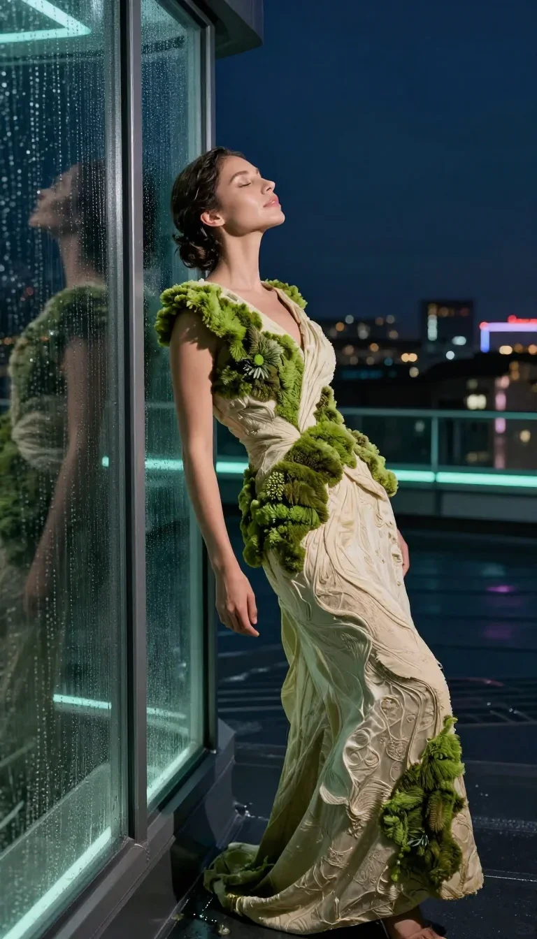 a lover leaning against rain-streaked glass in a deep breath with eyes closed, on a neon-lit rooftop at midnight, futuri