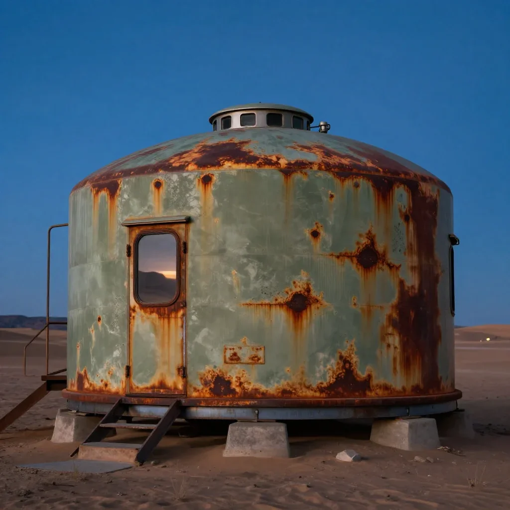 a desert research station at blue hour, high-end design magazine photography, weathered tactile surfaces, rust and sage 