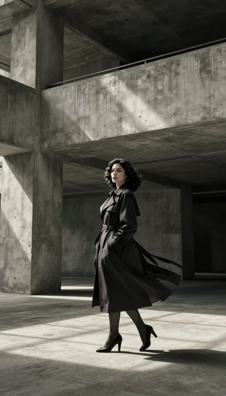 a noir detective's femme fatal muse in a trench coat mid-turn with fabric catching the light, in a brutalist concrete at