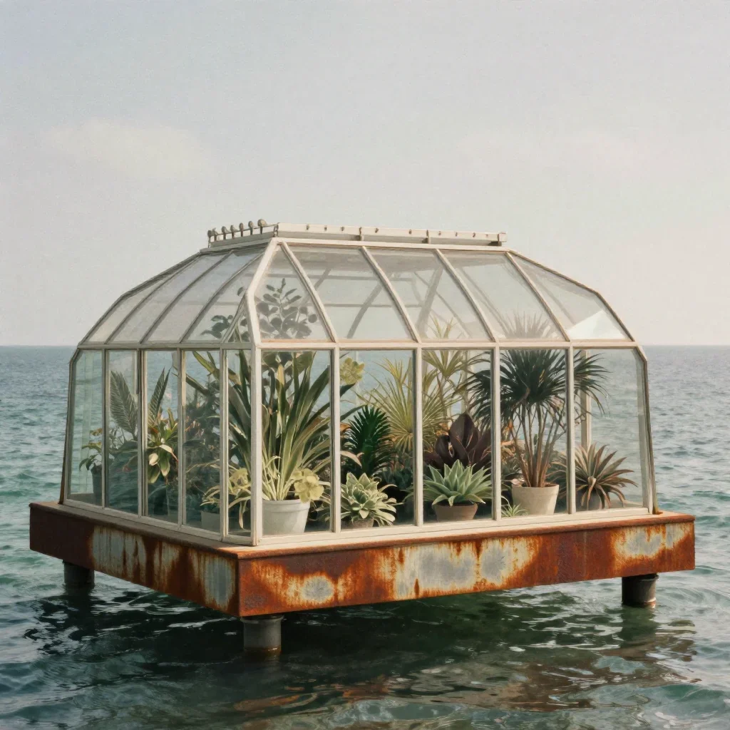 a floating botanical conservatory in a gentle sea breeze, contemporary botanical illustration, subtle film grain, rust a