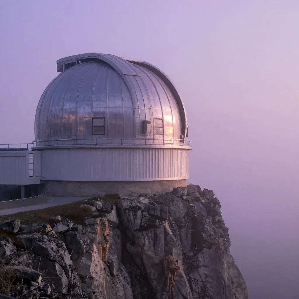 a cliffside observatory under soft dawn fog, cinematic architectural photography, gentle reflected light, lavender and s