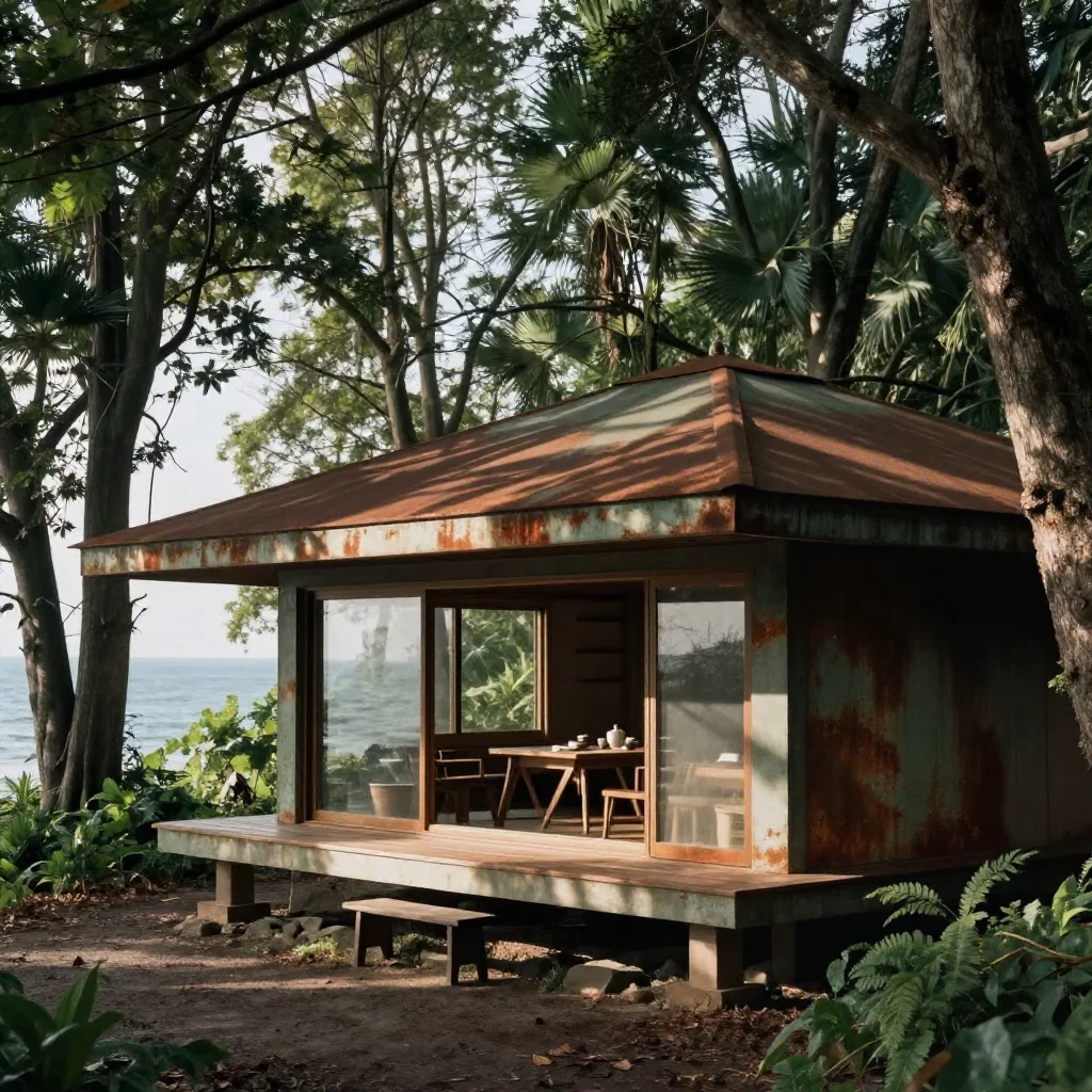 a forest tea house in a gentle sea breeze, cinematic architectural photography, subtle film grain, rust and sage palette