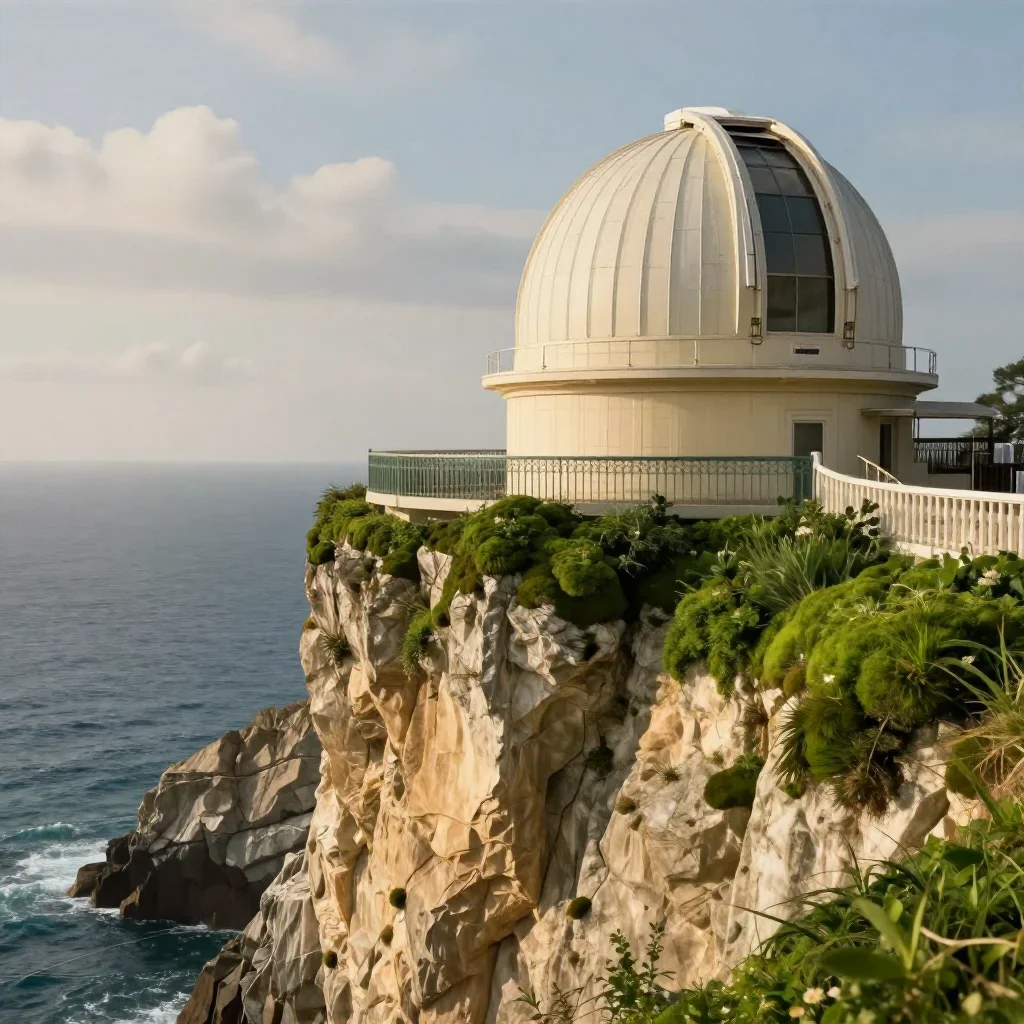 a cliffside observatory in a gentle sea breeze, dreamlike fine-art landscape photography, crisp material detail, moss gr