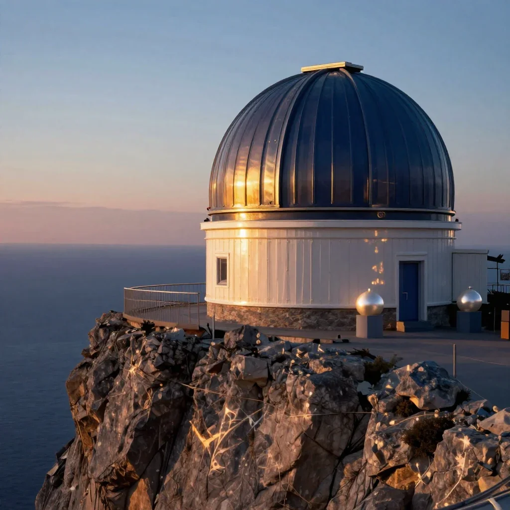 a cliffside observatory during golden hour, museum-quality still-life photography, gentle reflected light, indigo and pe