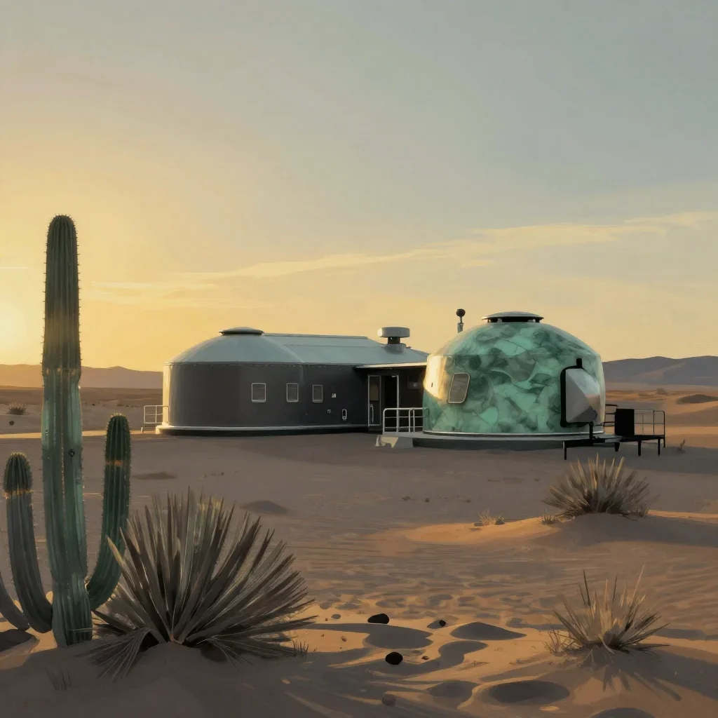 a desert research station during golden hour, contemporary botanical illustration, restrained color harmony, jade and ch