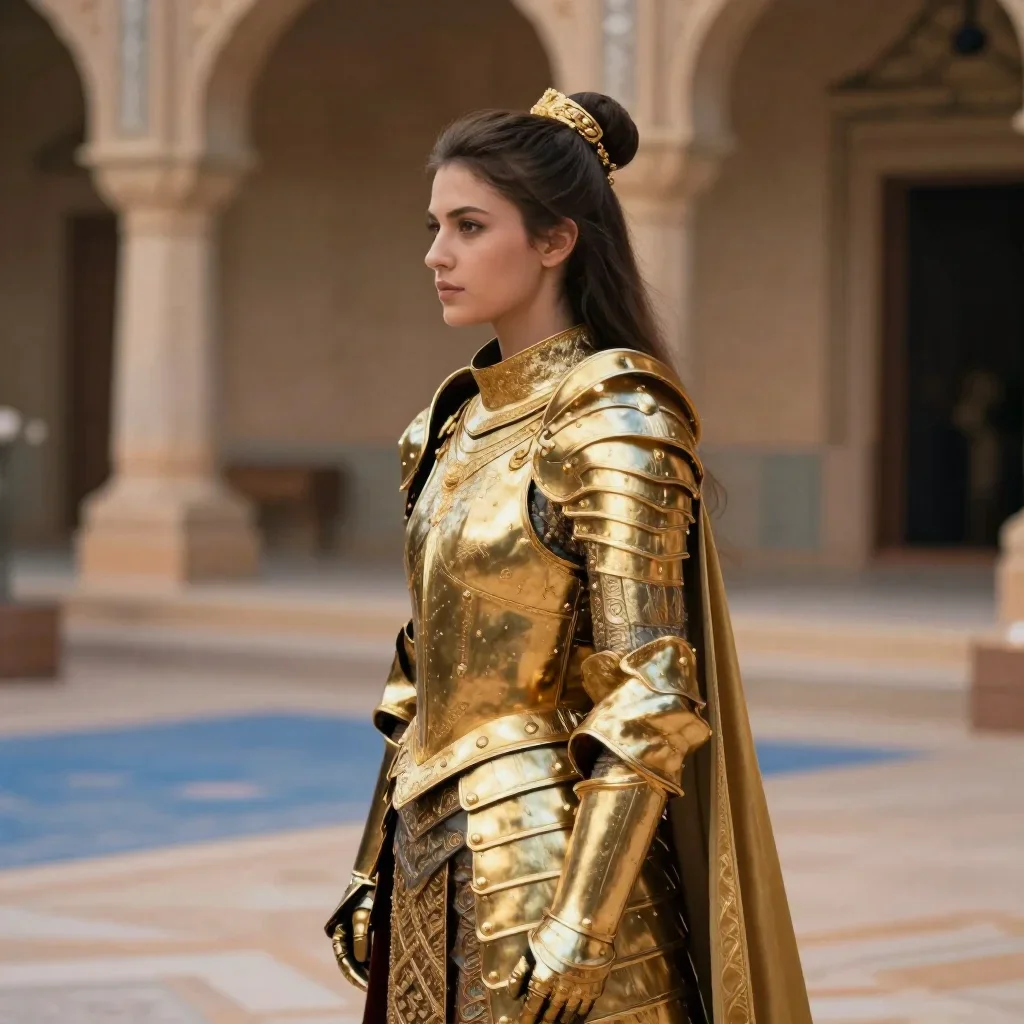 a warrior queen in ornate gilded armor in a dramatic three-quarter profile, in a moonlit palace courtyard, soft-grain an