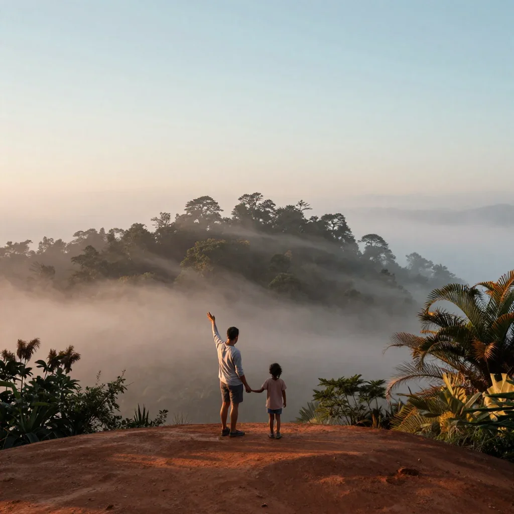 a cloud forest canopy under soft dawn fog, refined editorial travel photography, layered foreground framing, terracotta 