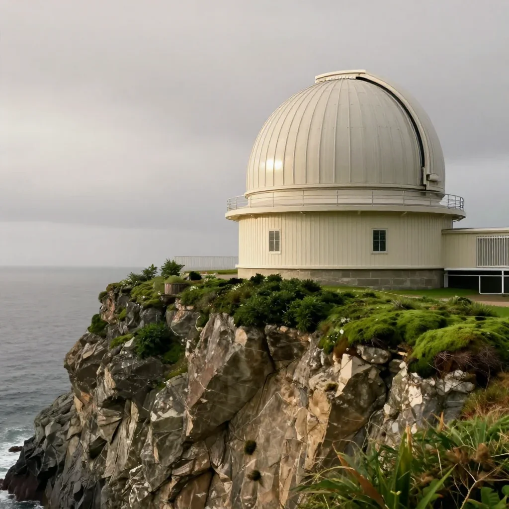 a cliffside observatory under overcast coastal light, museum-quality still-life photography, gentle reflected light, mos