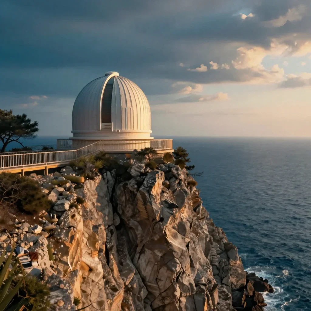 a cliffside observatory in a gentle sea breeze, refined editorial travel photography, atmospheric depth, cobalt and ambe