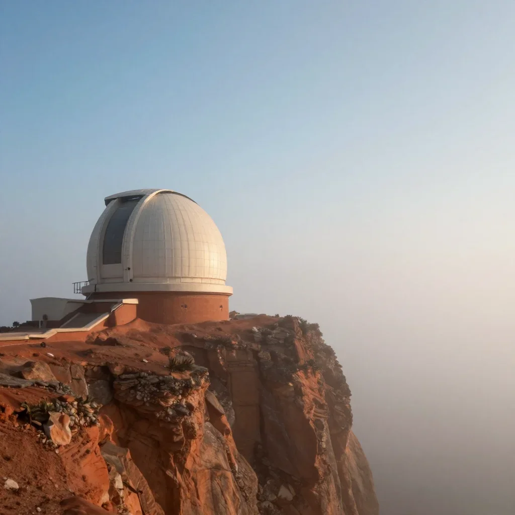 a cliffside observatory under soft dawn fog, refined editorial travel photography, atmospheric depth, terracotta and pal