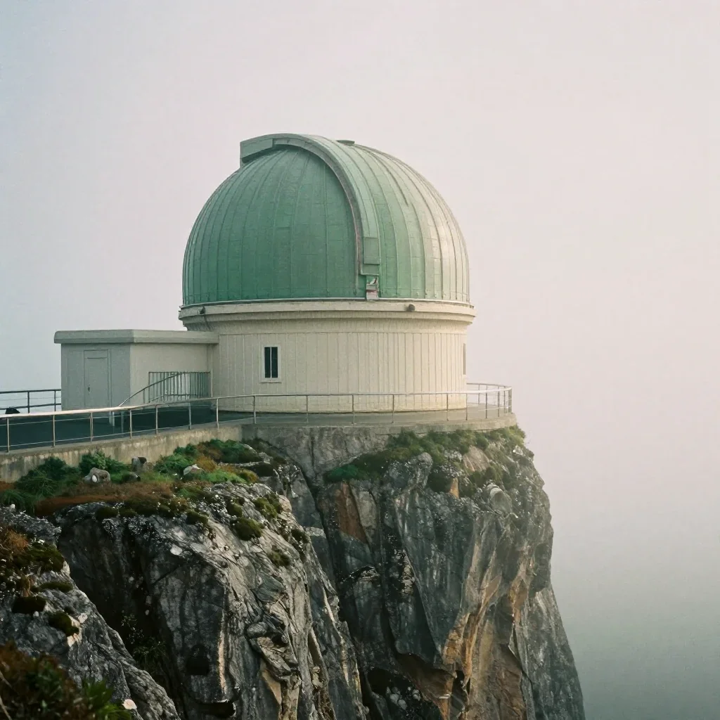 a cliffside observatory under soft dawn fog, soft-grain analog film photography, weathered tactile surfaces, moss green
