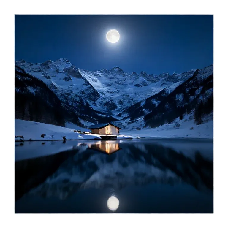 Moonlit alpine lake reflecting a small modern cabin and snowy peaks, crisp night photography, no text