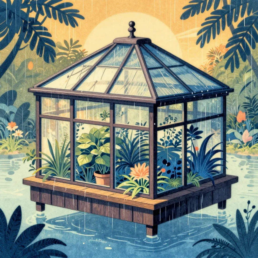 a floating botanical conservatory after warm summer rain, Japanese woodblock-inspired editorial art, soft volumetric lig
