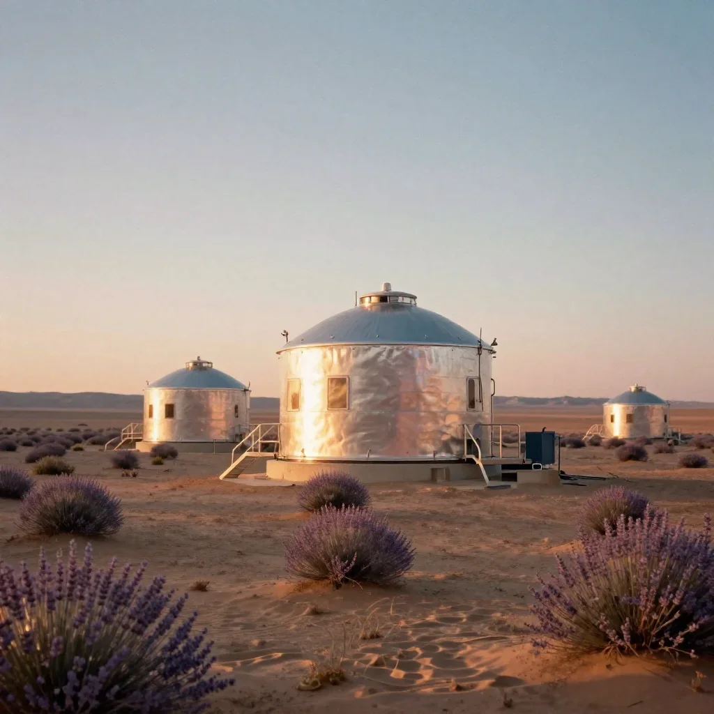 a desert research station during golden hour, soft-grain analog film photography, gentle reflected light, lavender and s