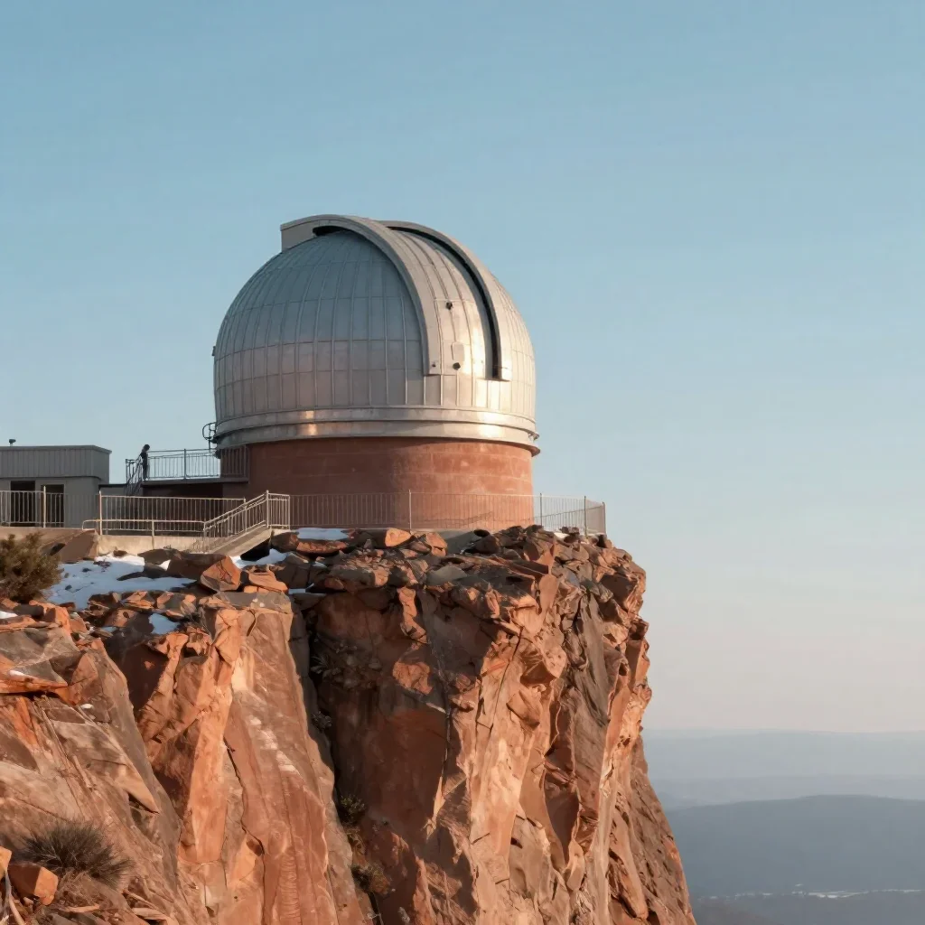 a cliffside observatory in crisp winter sunlight, quiet science-fiction concept art, restrained color harmony, terracott
