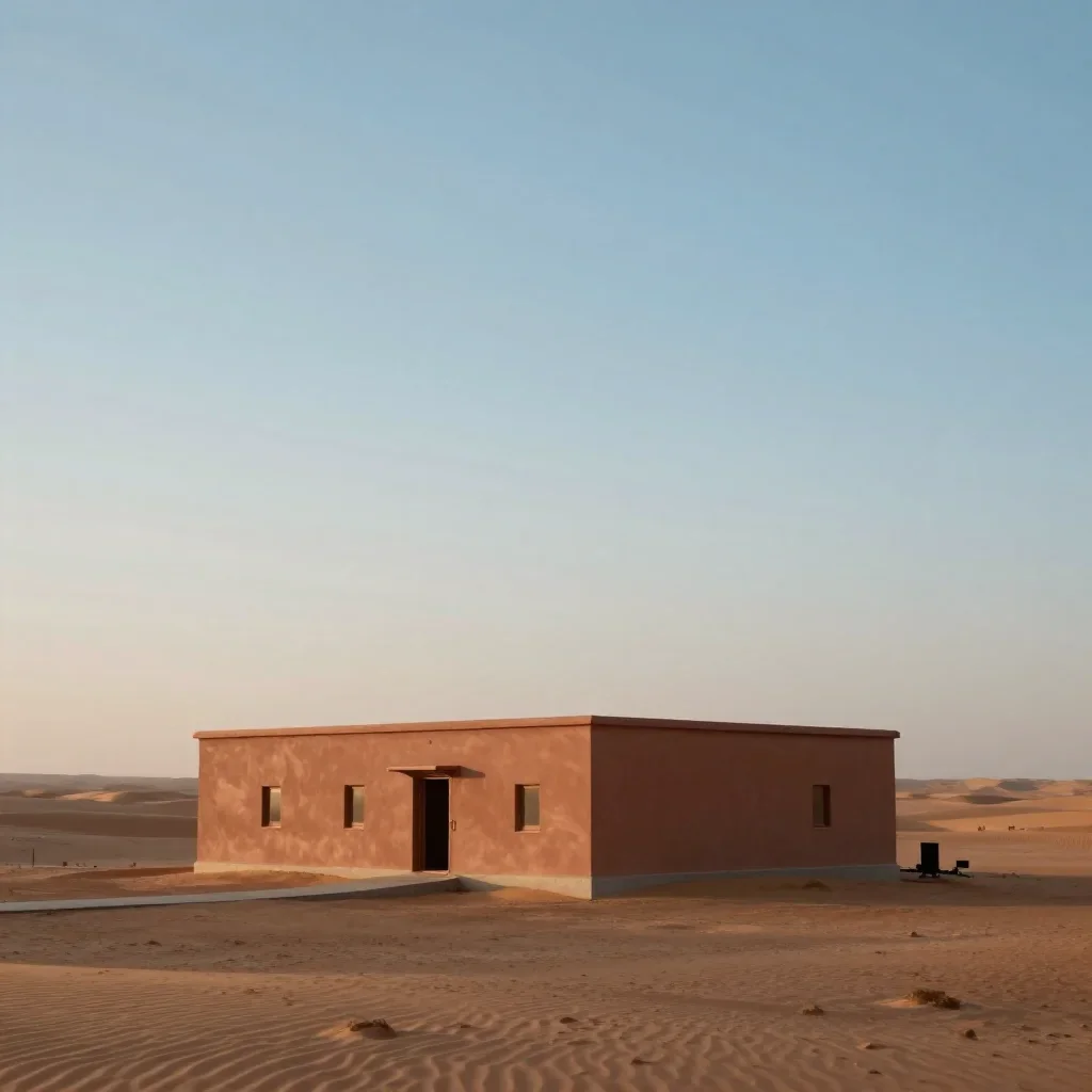 a desert research station in quiet late-afternoon haze, cinematic architectural photography, calm negative space, terrac