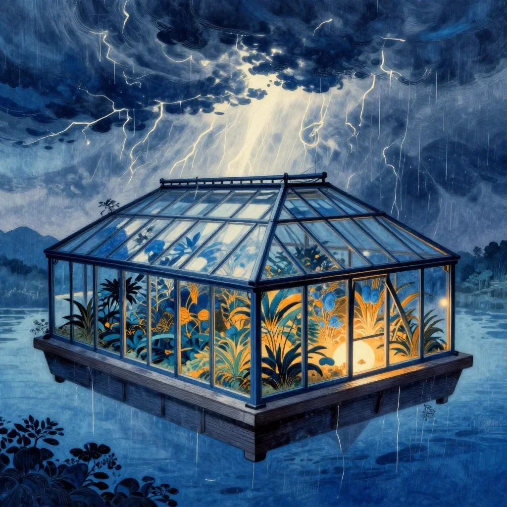 a floating botanical conservatory after a distant thunderstorm, Japanese woodblock-inspired editorial art, crisp materia