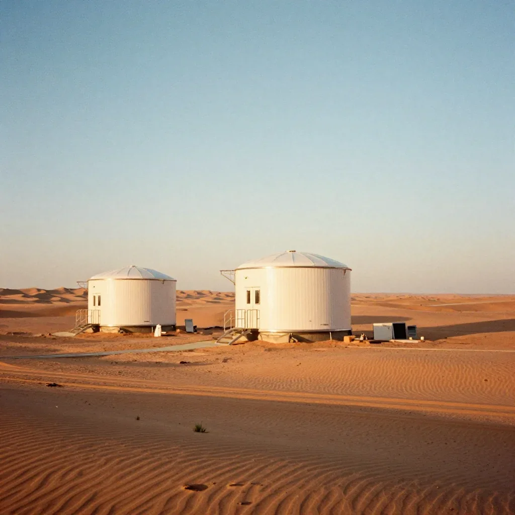 a desert research station during golden hour, soft-grain analog film photography, crisp material detail, terracotta and 