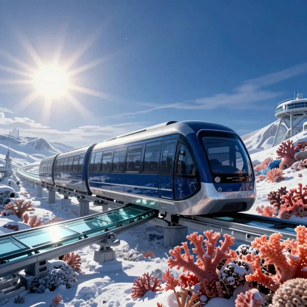 a glass monorail in crisp winter sunlight, quiet science-fiction concept art, crisp material detail, coral and midnight