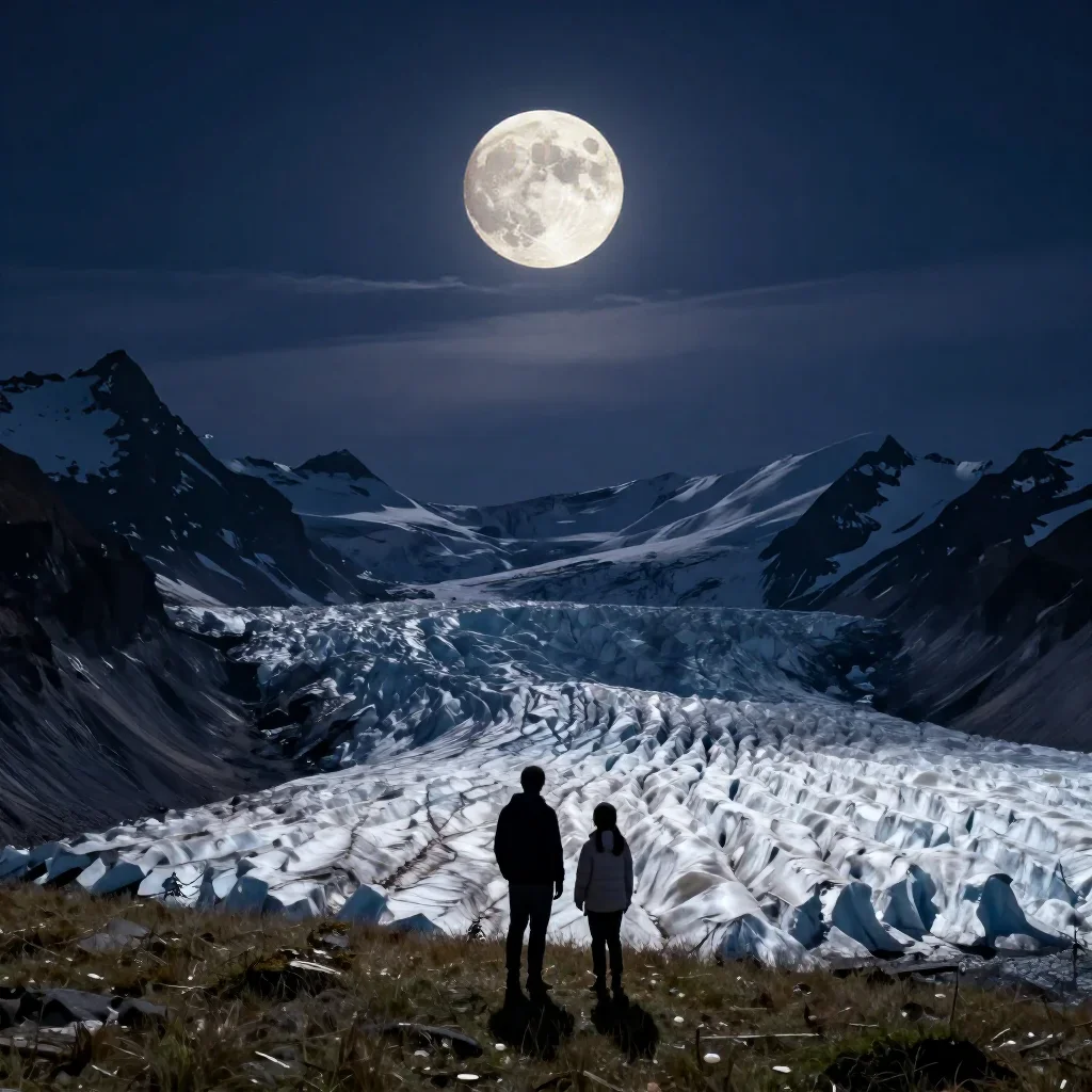 an alpine meadow beneath glaciers at moonrise, museum-quality still-life photography, atmospheric depth, indigo and pear
