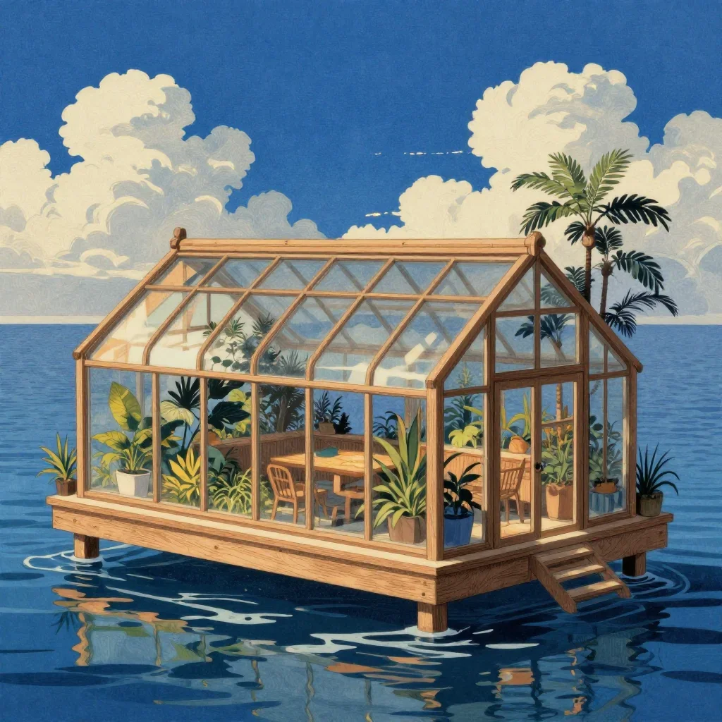 a floating botanical conservatory in a gentle sea breeze, Japanese woodblock-inspired editorial art, clean natural textu