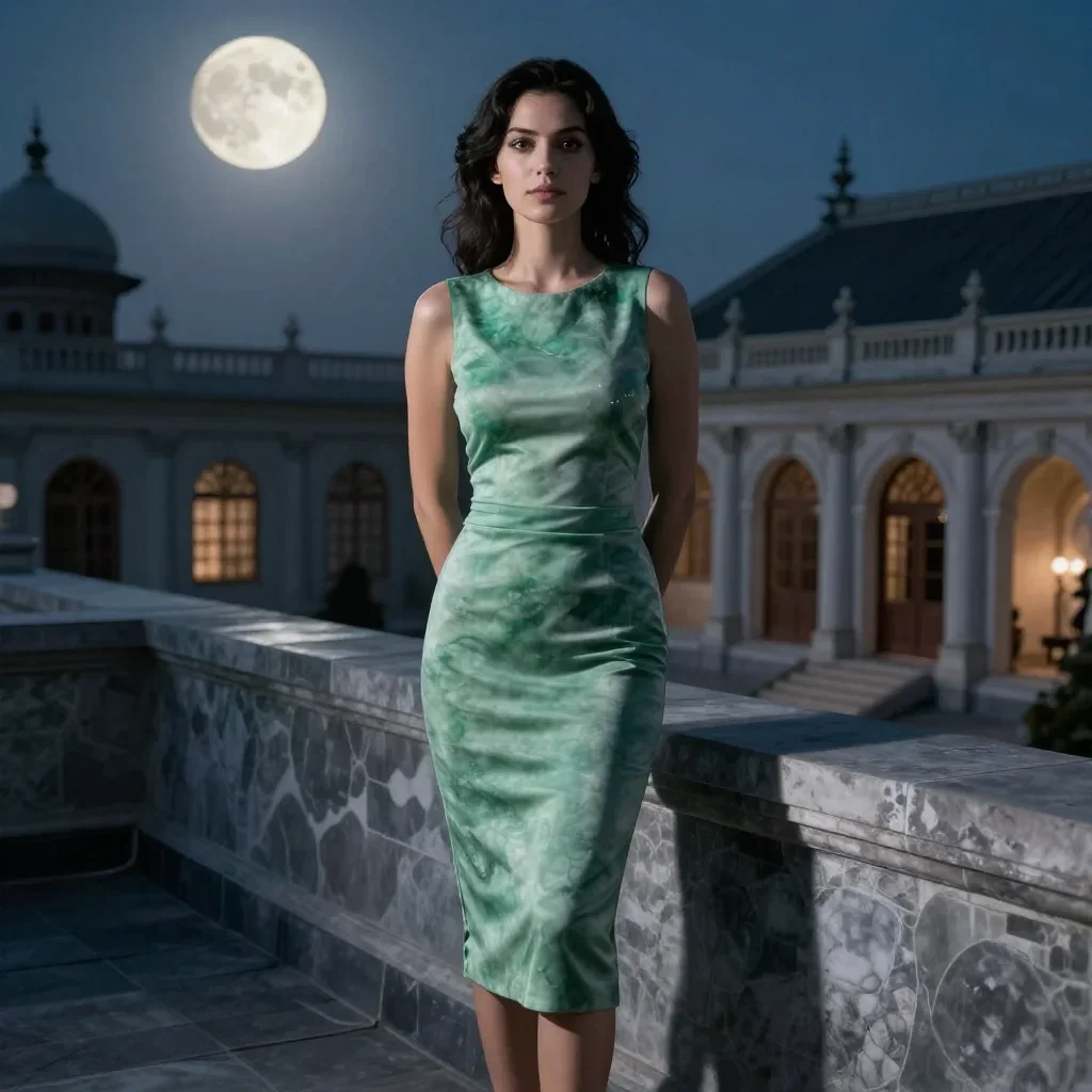 a muse on a rooftop at dusk in a body-con dress standing tall with hands in pockets, in a moonlit palace courtyard, cine