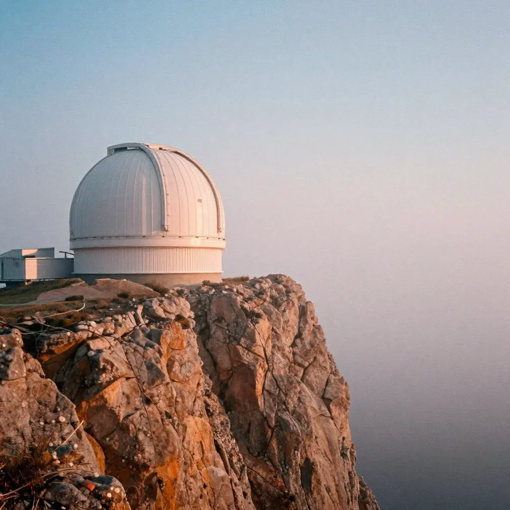 a cliffside observatory under soft dawn fog, soft-grain analog film photography, crisp material detail, ochre and ultram