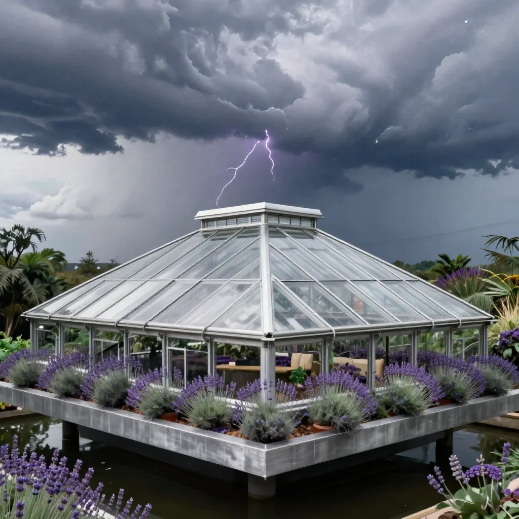 a floating botanical conservatory after a distant thunderstorm, refined editorial travel photography, careful geometric 