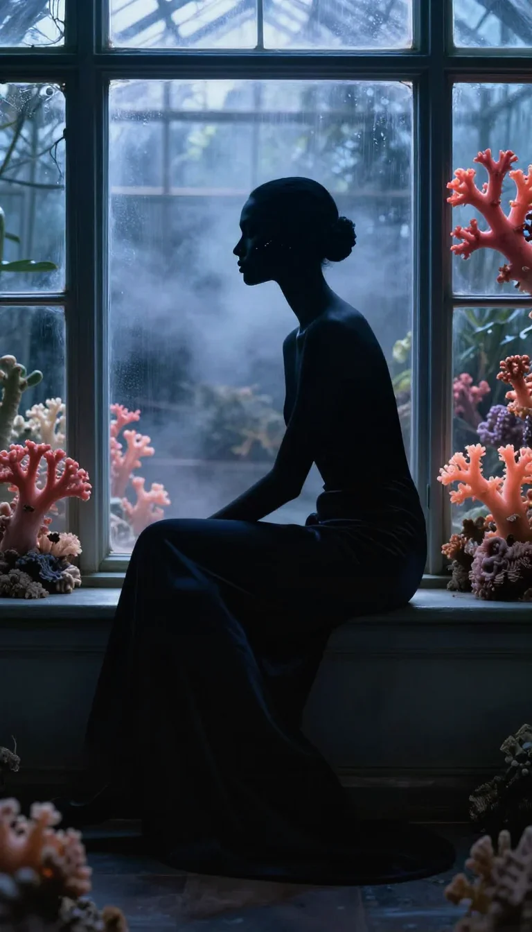 a couture catwalk muse with razor cheekbones in a seated silhouette against a window, in a greenhouse humid with mist, c