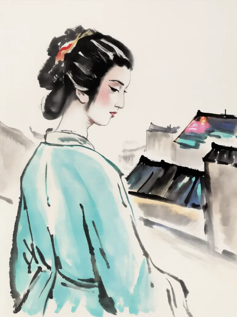 a spectral fox-spirit woman in an ink wash in an alluring over-the-shoulder glance, on a neon-lit rooftop at midnight, Vogue-style studio portraiture, restrained color harmony, seafoam and copper palette, no text, no...